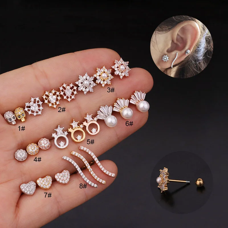 Cz EarTragus из нержавеющей стали украшенные цветком страз Череп сердце Серьги с