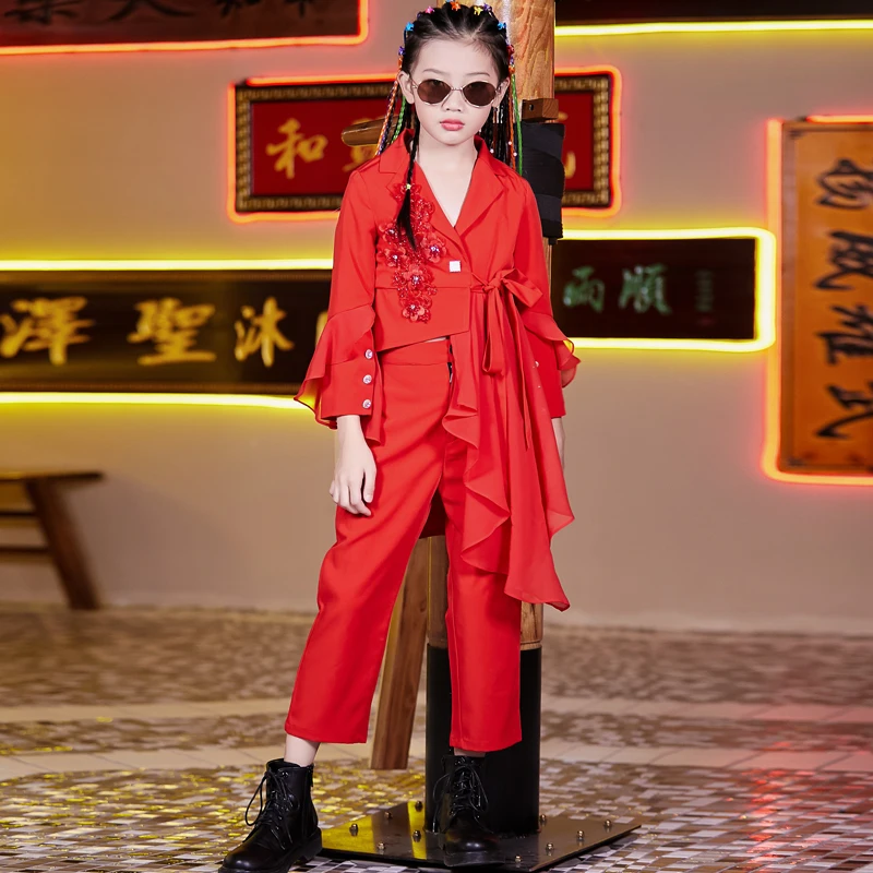 

New Kids Hip Hop Dance Costumes Red Chinese Style Suit Girls Jazz Performance Clothing Children Modern Dance Stage Wear 120-170
