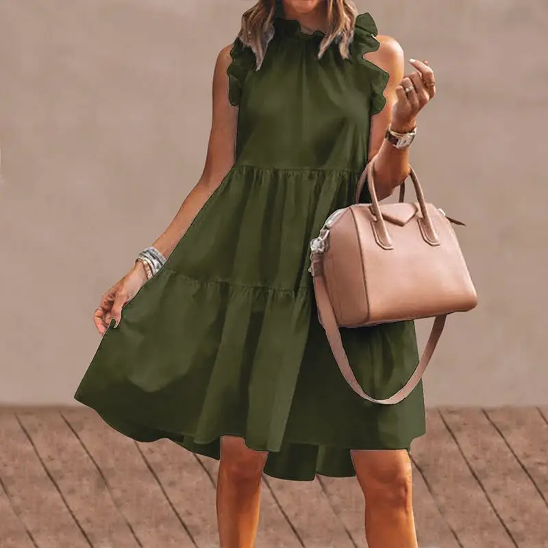 

Short Dress Women Sexy Sleeveless Ruffled Dress 2021 Summer Beach Holiday Sundress Bohemian Vestidos Plus Size Robe