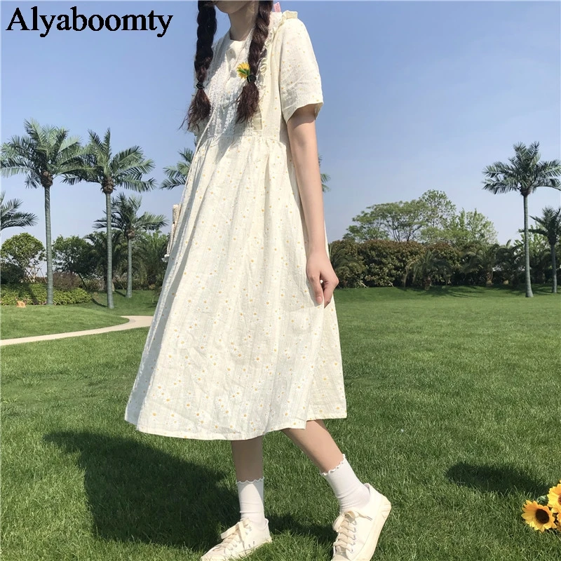 

Japanese Mori Girl Summer Women Sweet Midi Dress O Neck Floral Printed Loose Dress Short Sleeve Cute Kawaii Daisy Elegant Dress
