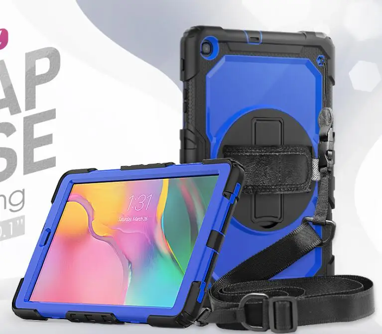 Blue 360 Вращающийся чехол для Samsung Galaxy Tab A 10,1 T510 T515 SM-T510 SM-515 чехол для планшета с ремешком на плечо+ ручка+ пленка - Цвет: Blue