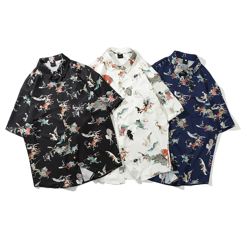

2021 Men's Hip-hop Tide Brand Retro Printed Shirt Men's Trend Loose Hawaiian Short-sleeved Flower Shirt Jacket Men Spring Summer