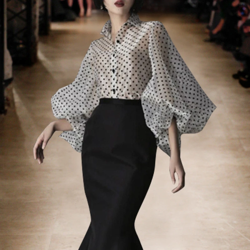 Женская рубашка в горошек GALCAUR винтажная блузка с отложным воротником и