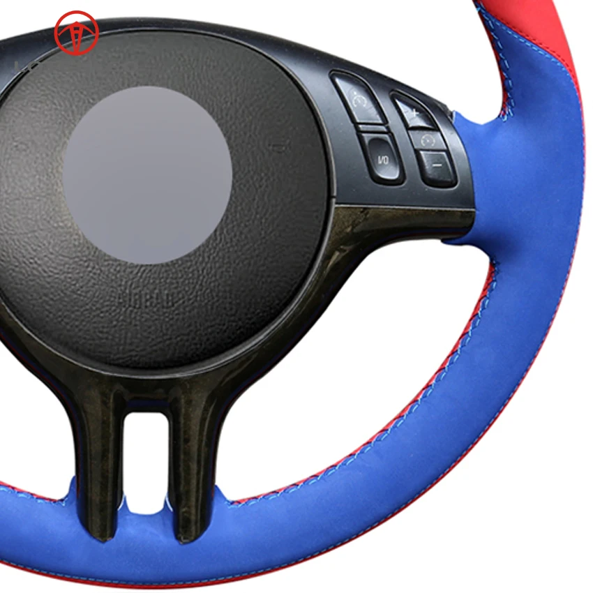 

LQTENLEO Blue Red Suede Car Steering Wheel Cover for BMW 3 Series E46 2000-2006 5 Series E39 2000-2003 E53 X5 Z3 E36 2000-2002