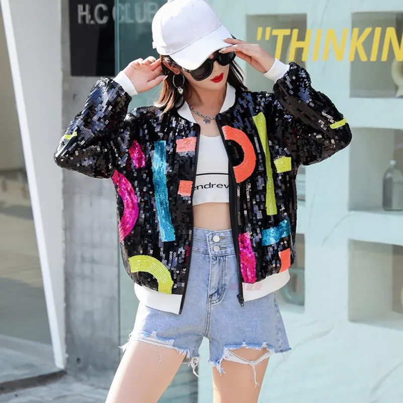 

Куртка женская демисезонная с блестками и длинным рукавом, модная повседневная верхняя одежда с воротником-стойкой и высокой талией