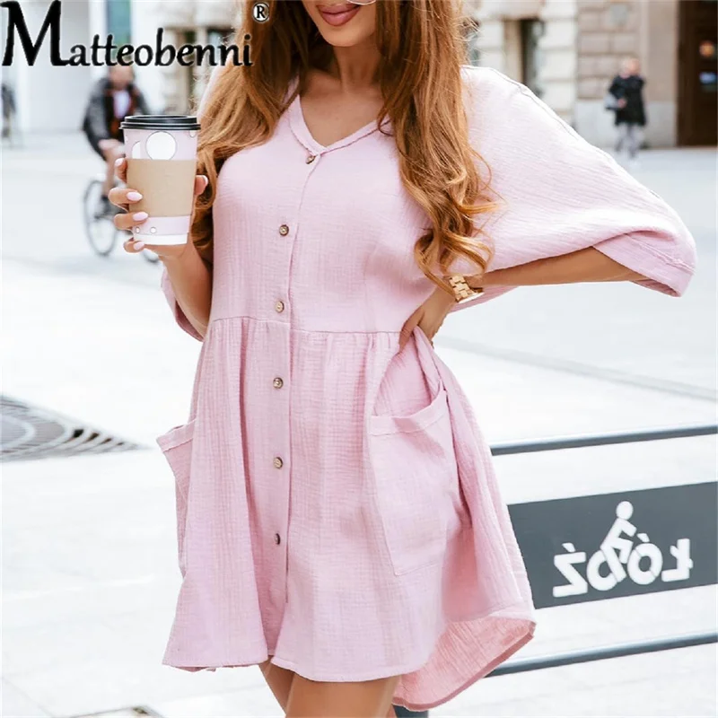 

2021 Women Summer Sundress Elegant Mini Shirt Dress Ladies V Neck Long Sleeve Solid Vestido Casual Loose Buttons Work Dresses