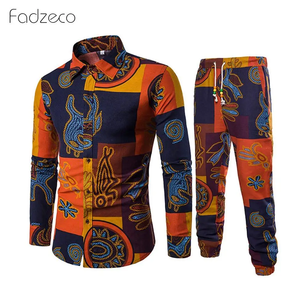 Orange Fadzeco рубашка в африканском стиле комплект с отворотом шеи размер плюс мужской рубашки этнический принт Дашики модная повседневная футболка рубашка в африканском стиле для мужчин - Цвет: Orange
