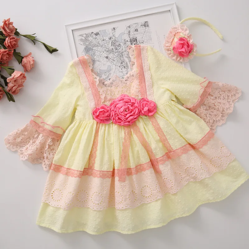 Милое желтое весенне-летнее платье для девочек Розовое принцессы с цветочным