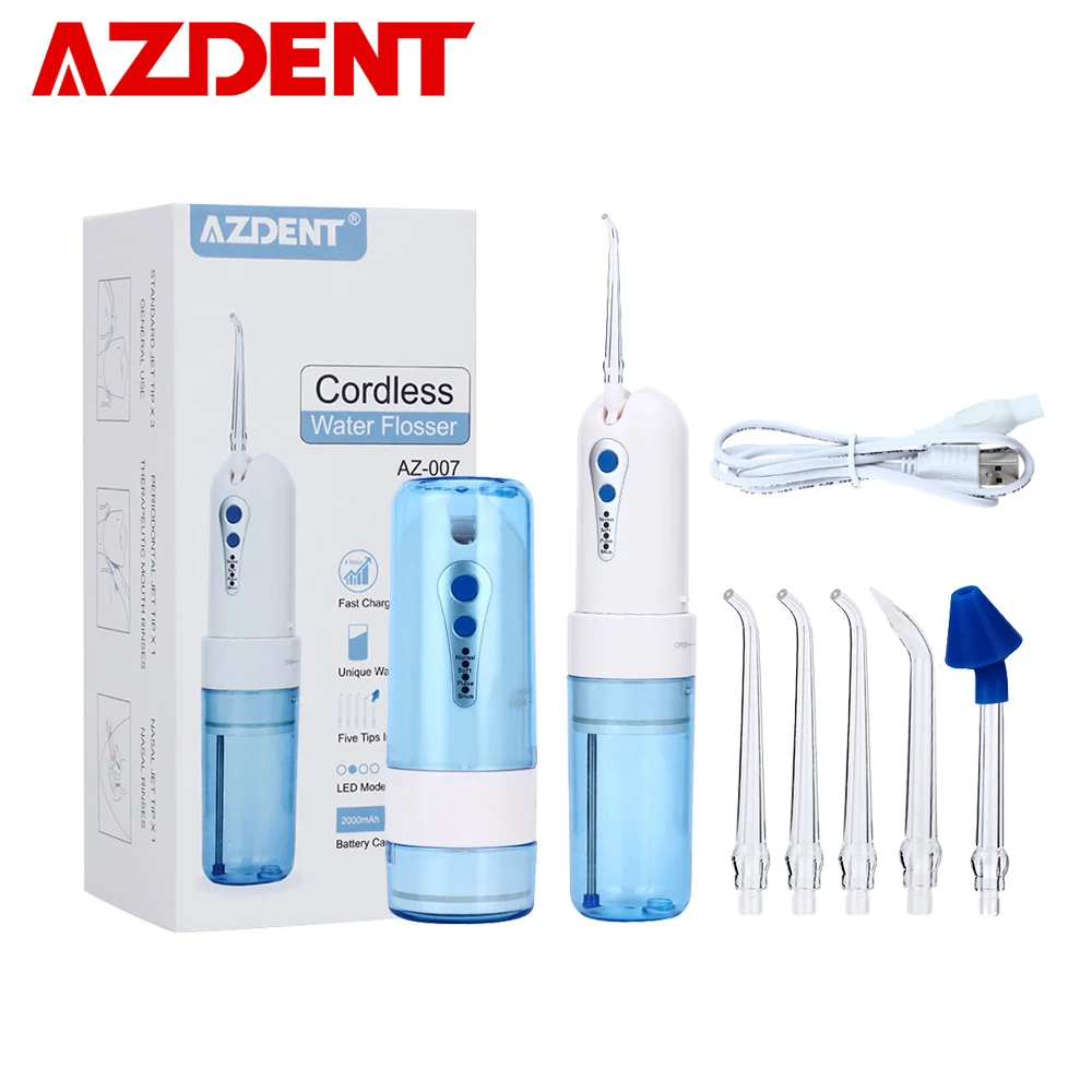 

AZDENT Hot Cordless Water Dental Flosser Portable Oral Jet Irrigator Tooth Pick Water Irrigation USB Rechargeable 5 Tips 200ml