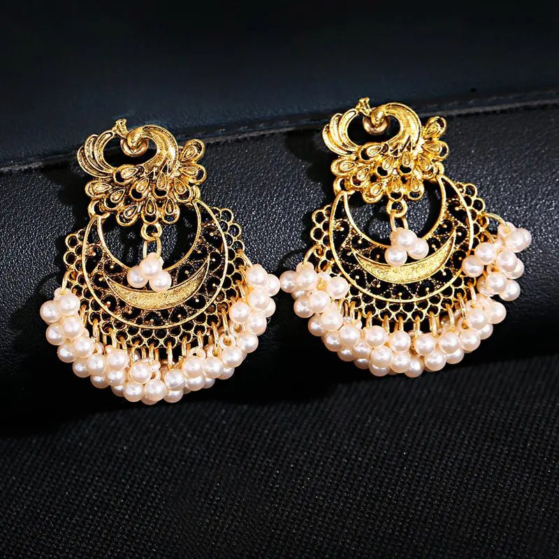 

2020 Vintage Gold Peacock Alloy Bollywood Oxidized Earrings For Women Ethnic Pearl Tassel Jhumka Dangle Earrings