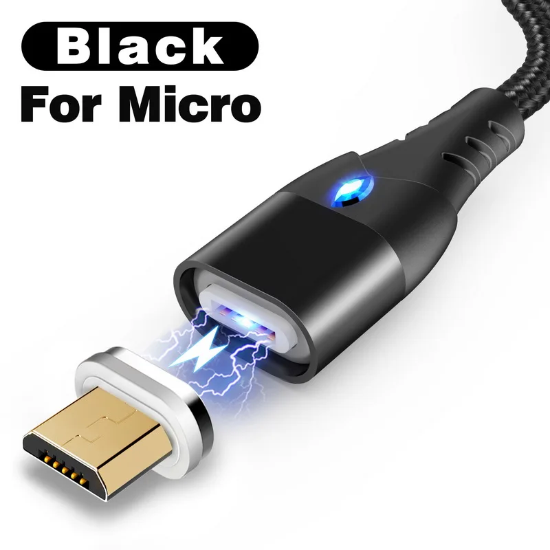 For Micro USB Black 2 м Магнитный кабель для быстрой зарядки 3 А для iPhone SR XS samsung S8, зарядное устройство для быстрой зарядки 3,0 Micro usb type C, магнитный шнур для зарядки телефона - Цвет: For Micro USB Black