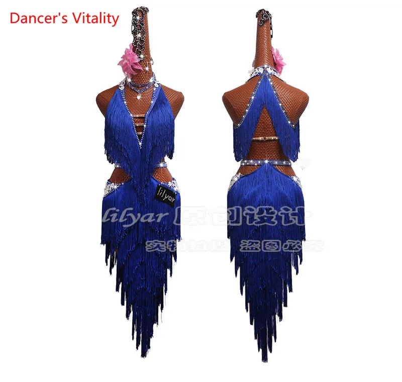 

Women Girls Latin Dance Competition Performance Clothing Performance Dance Skirt Encouraged Treasure Blue fringed Skirt
