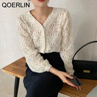 qoerlin korean crochet hollow out v neck micro transparent shirt lantern sleeve lace shirt single breasted apricot blouse female