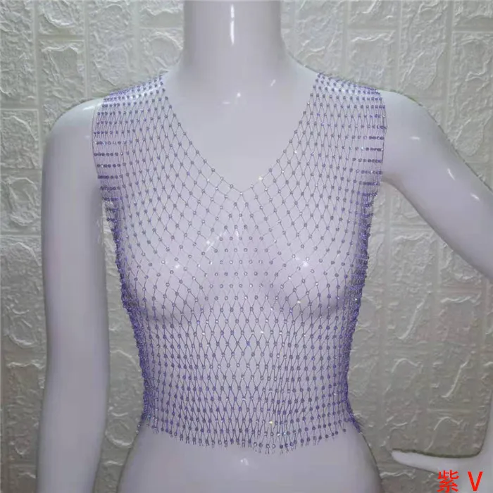 Purple V-neck FestivalQueen Сексуальная Бриллиантовая сетка обрезанная майка женская летняя накидка бикини Прозрачная сетка со стразами вечерние клубный кроп-топ - Цвет: Purple V-neck