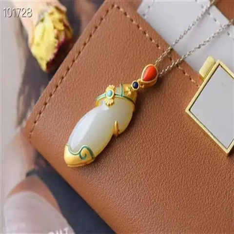 

S925 Sterling Silver Hetian Jade Inlaid Cheongsam Necklace Pendant South Red Green Pine Green Gilding Craft Retro Style Design