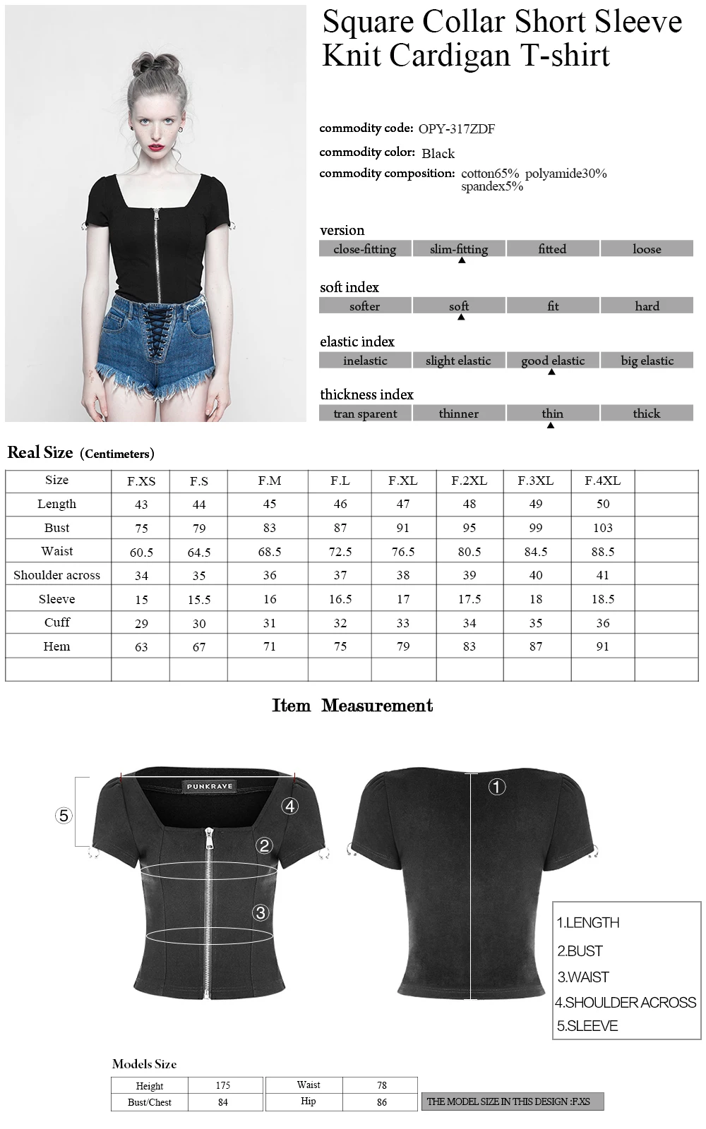 

Personality Metal zipper slim Causal Tops Fashion Square Collar Short Sleeve Knit Women Cardigan T-shirt PUNK RAVE OPY-317ZDF