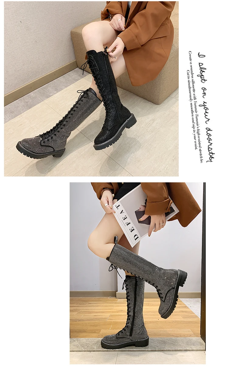 Fashion Sexy Women's Lace-Up Knees High Long Boots Bling Rhinestone Leather Platform Martin Boots Black Silver Zapatos Drop Ship
