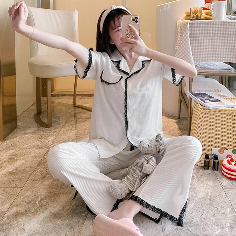 

Women High Grade Cotton Pajamas Set Solid Color Pyjamas Sweet Lace Sleepwear Lapel Shirts+Trousers Soft Homewear Plus Size M-5XL