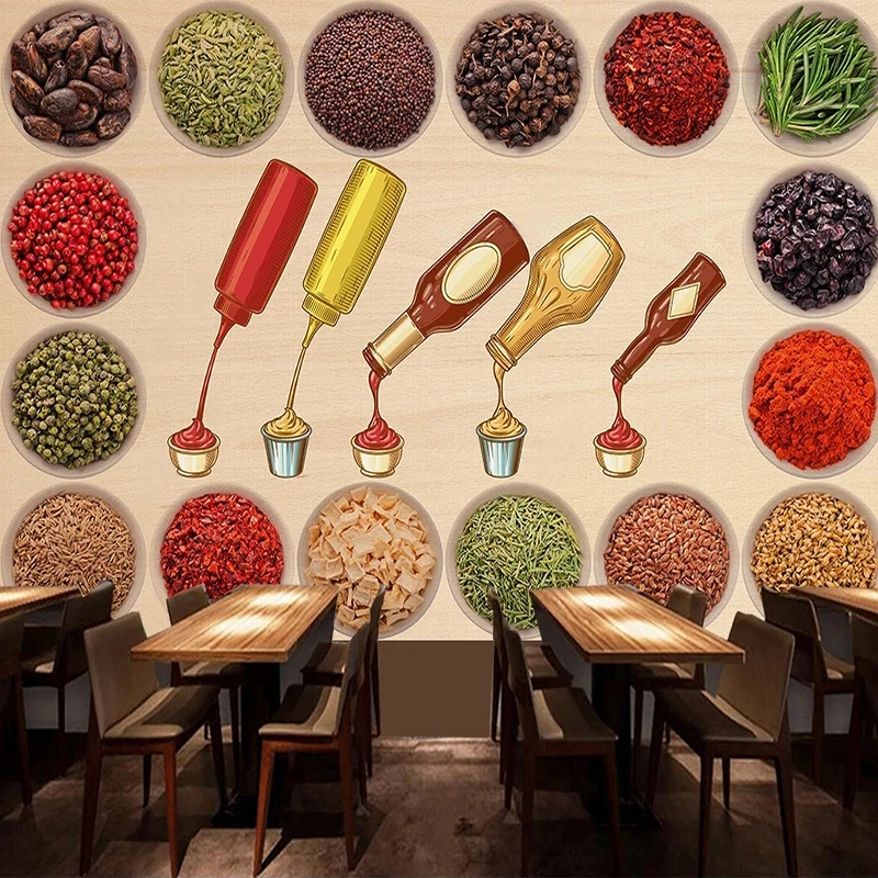 

Custom 3D Mural Wallpaper Retro Spices Condiments Seasoning Sauces Kitchen Restaurant Background Wall Painting Papel De Parede