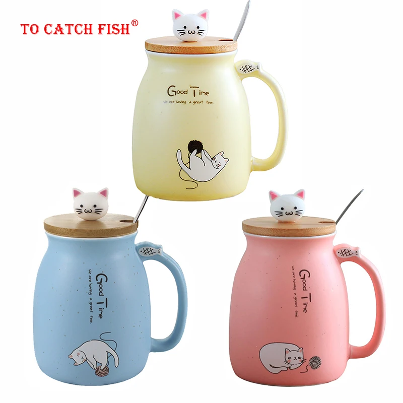 

Creative color cat heat-resistant Mug cartoon with lid 420ml cup kitten coffee ceramic mugs children cup office Drinkware gift