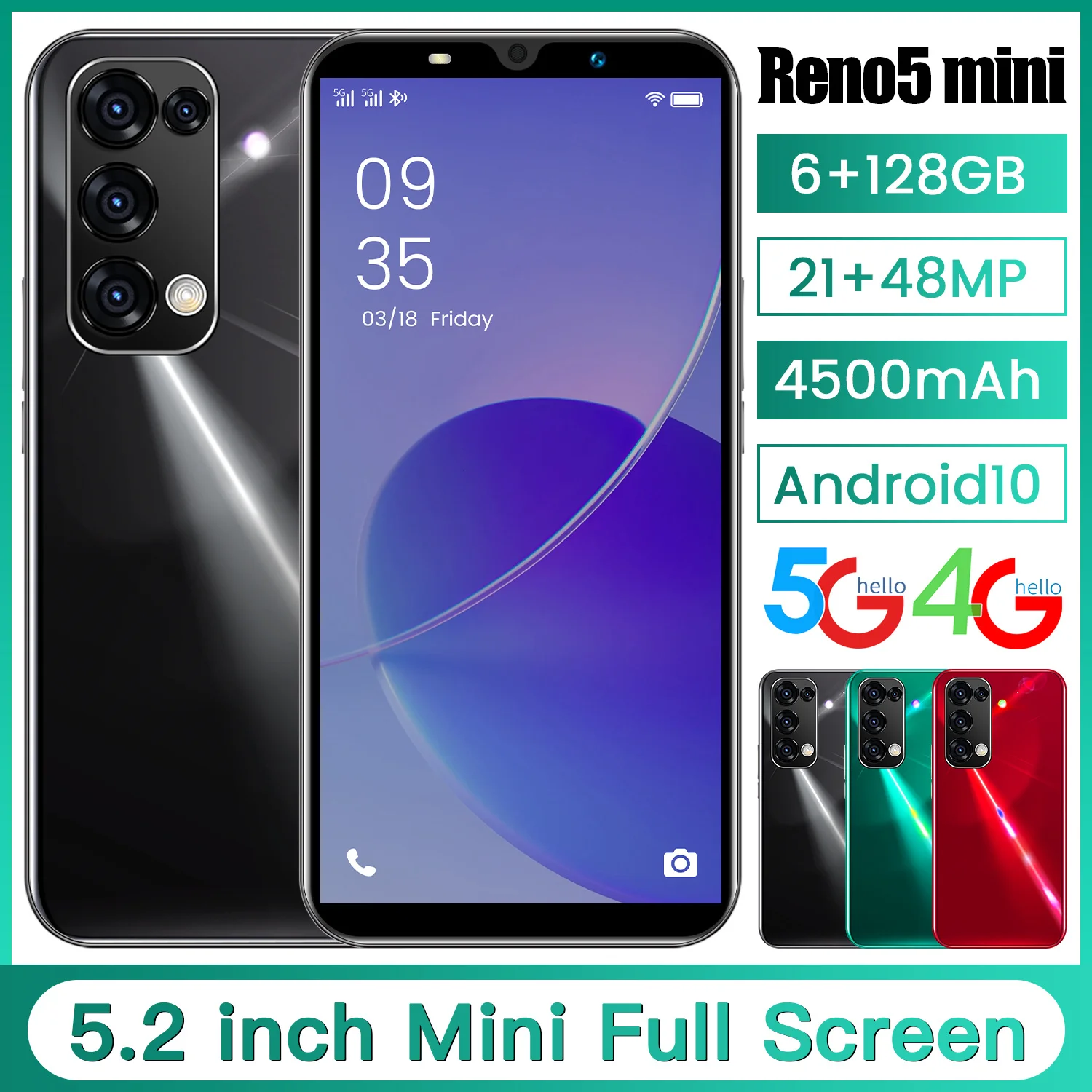 

Hot Sell Reno5 Mini Cheap Smartphones 4/5G Network 6 128GB Fingerprint Unlock Andriod 10 Global Version 5.2 Inch Face ID 4500mAh