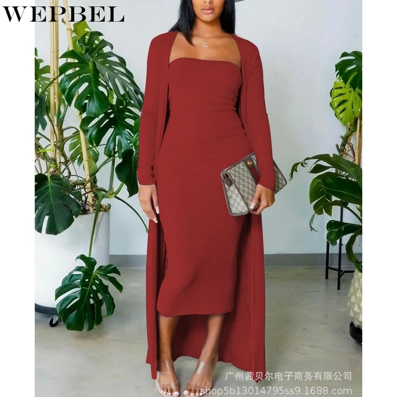 

WEPBEL Women's Casual Solid Color Slim Suit Autumn Strapless Backless High Waist Dress + Long Sleeve Cardigan Large Coat Suit