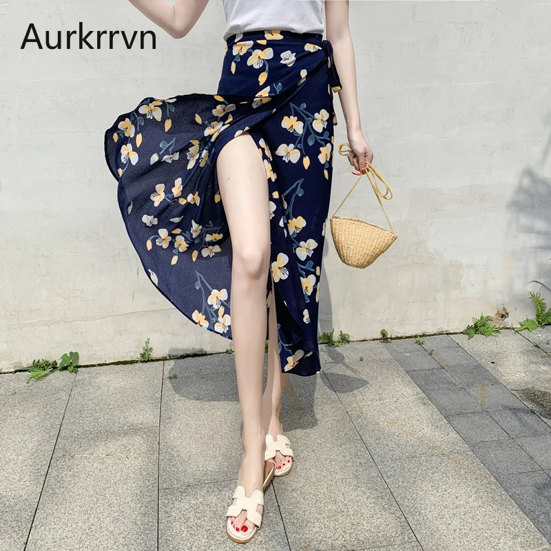 

Aurkrrvn Woman Beach One-piece Skirt Summer Floral Printed Lace Up Vacation Wrap Skirts for Female Boho Chiffon Skirt Femme