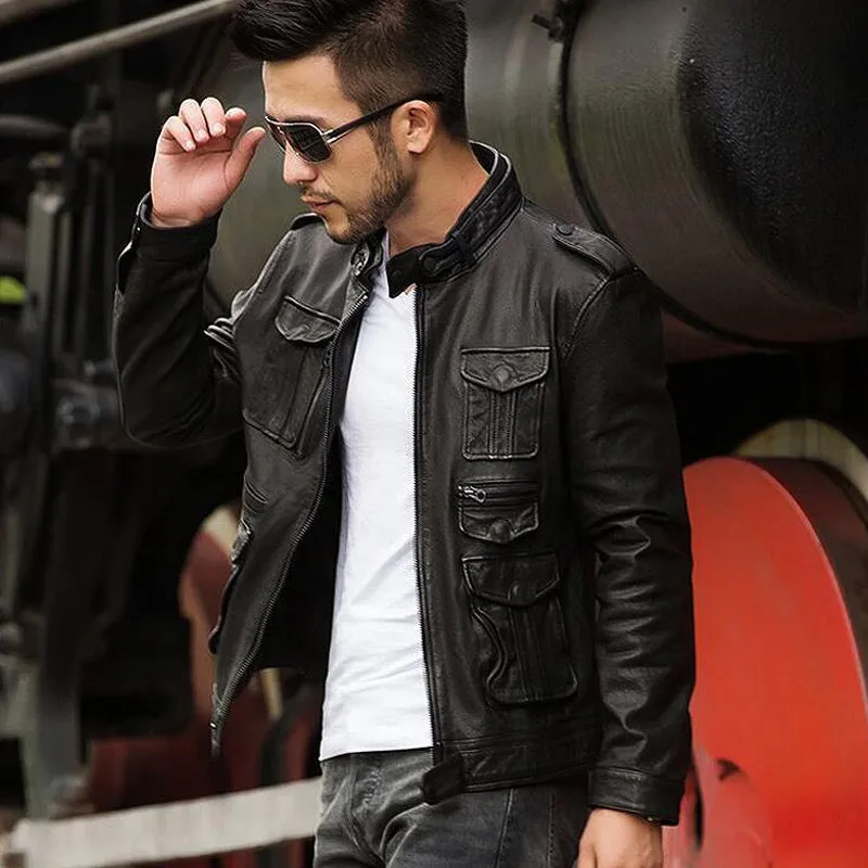 Короткие мужские куртки в корейском стиле из овечьей кожи байкерская облегающая