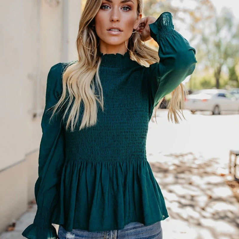 Женская винтажная гофрированная блуза с расклешенными рукавами длинный рукав