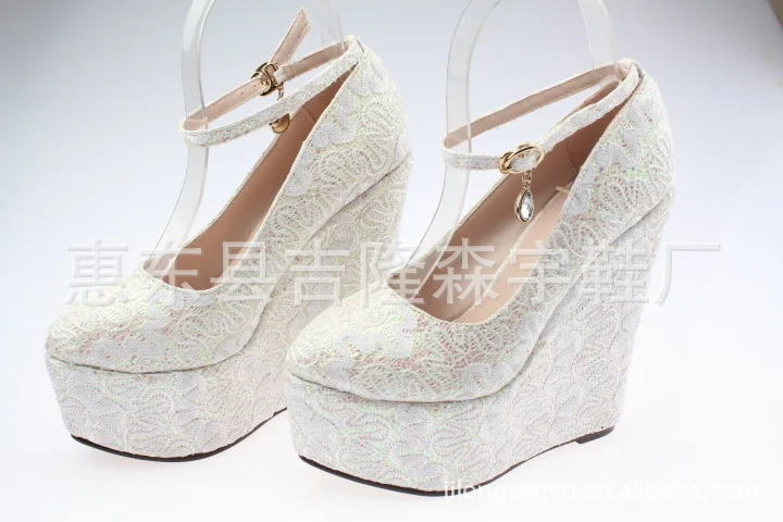 

New lace wedding shoes bridal shoes super high slope heel 15cm women's shoes size