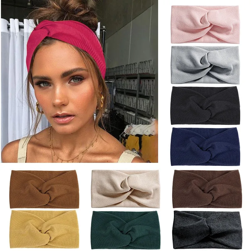 

Women Headband Vintage Solid Twist Knitted Wide Turban Cross Top Knot Headwrap Retro Elastic Girls Hairband Hair Accessories