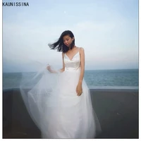 kaunissina simple beach wedding dress women v neck spaghetti straps sleeveless mid calf white cheap wedding gowns for bride