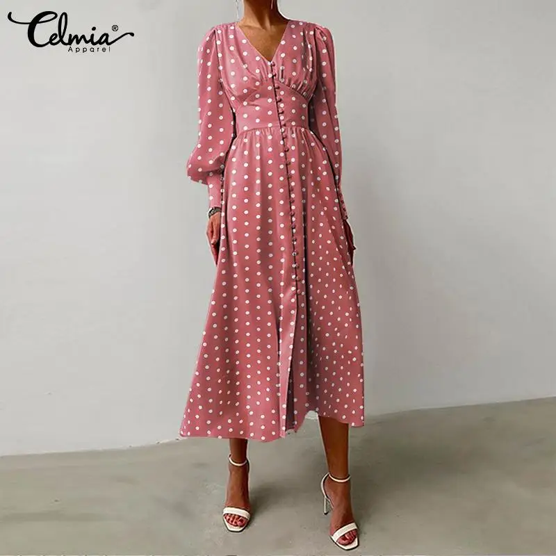 

Celmia Women Fashion Party Vestidos Casual Puff Sleeve Polka Dot Elegant Midi Dress Romantic Single Breasted Female V-neck Robes