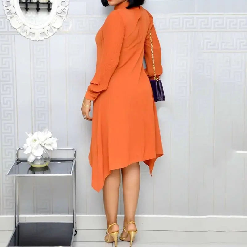 2019 офисное женское Плиссированное оранжевое платье с длинными рукавами