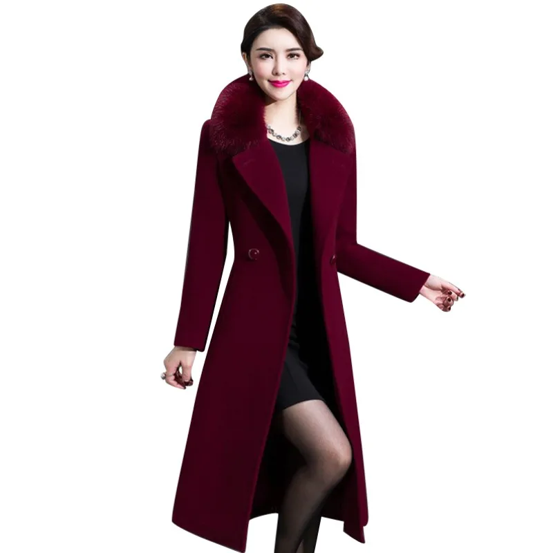 Autumn winter womens woolen coats fashion thicken Slim middle long fur collar cashmere windbreaker coat women's plus size 4XL | Женская