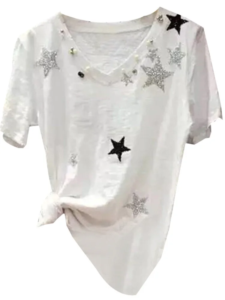 Футболка женская с V образным вырезом 2021 хлопок бусинами и пятизвездочками