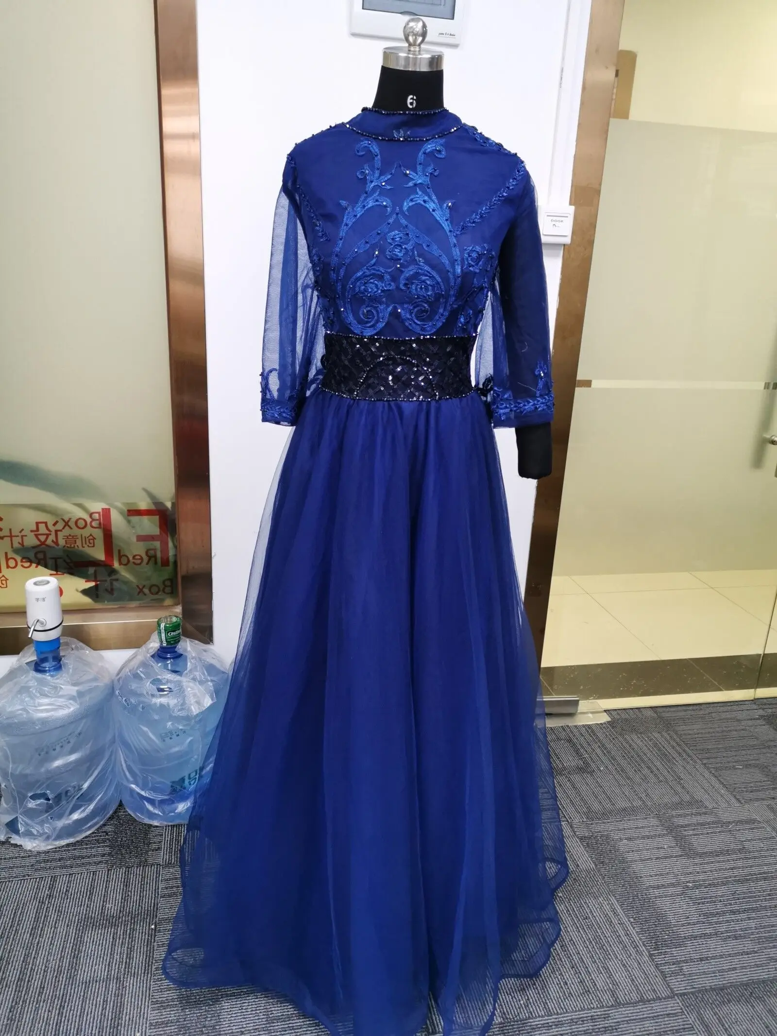 Navy Blue Это YiiYa Вечерние платья Длинные стоячий воротник цветок кружева тюль женское вечернее Платье Иллюзия халат de Soiree размера плюс E522 - Цвет: Navy Blue
