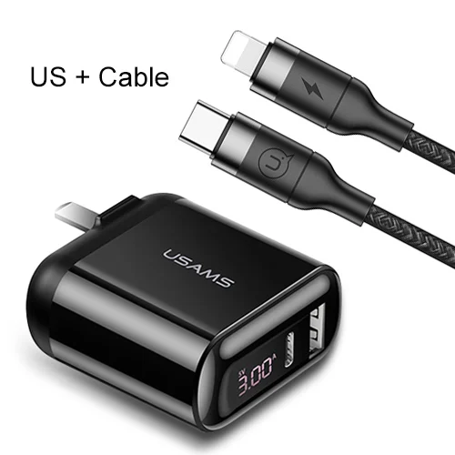 US Type with Cable USAMS 18 Вт PD зарядное устройство 3,0 USB зарядное устройство 3A Быстрая зарядка EU US вилка адаптер настенное зарядное устройство для мобильного телефона для iPhone x samsung S10 - Тип штекера: US Type with Cable
