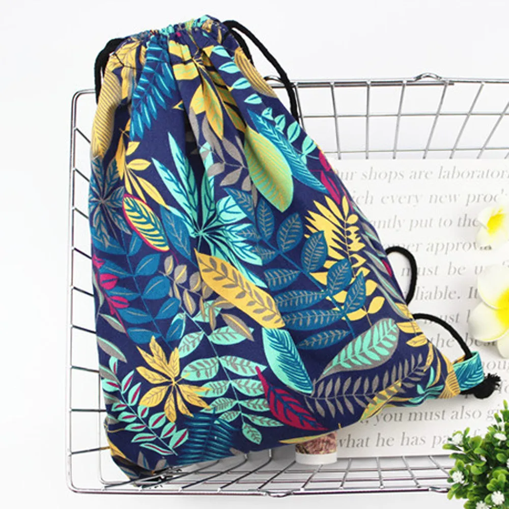Fashion Women Drawstring backpack Storage Bag Leaf Printing High Capacity Bucket sports bag pocket pouch Shoulder Bag Canvas new