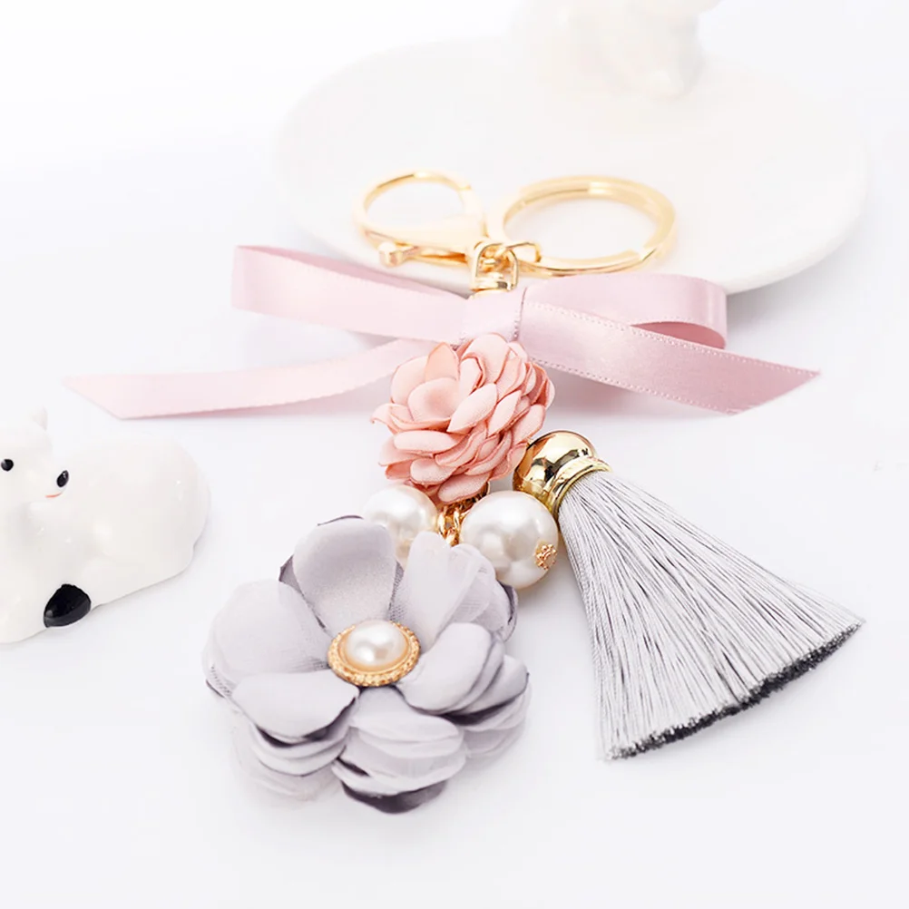 

Fashion Rose Flowers Keychain Key Chain Pearl Bow Chain Tassel Key Ring Bag Pendant Handbag Jewelry Gifts )
