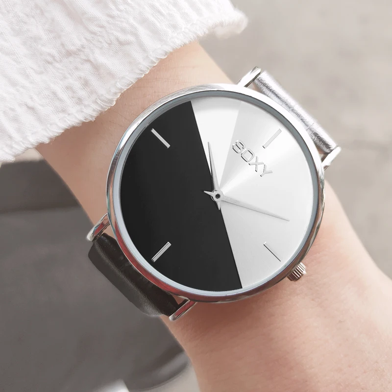 Часы наручные SOXY женские брендовые Модные Простые Дизайнерские с кожаным