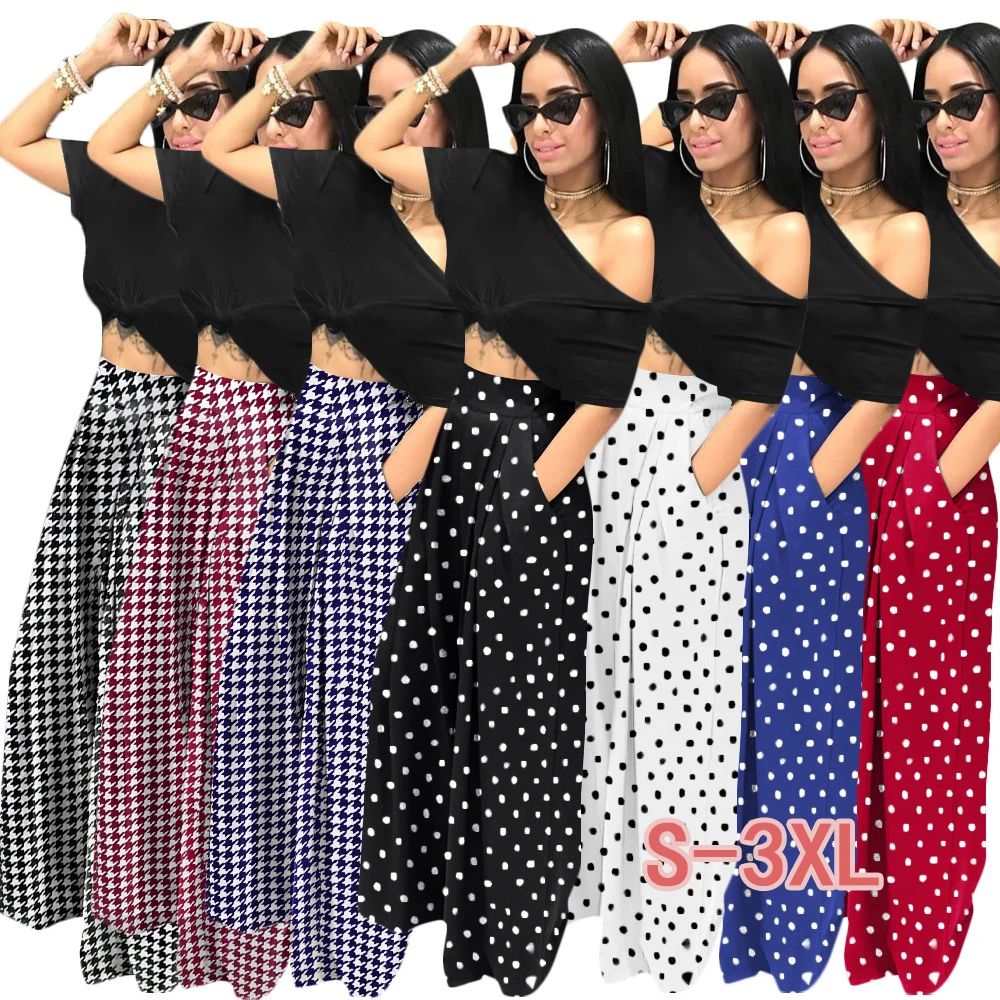 Autumn women's casual high-waisted houndstooth front slit wide-leg flared pants street style floor-length flared pants