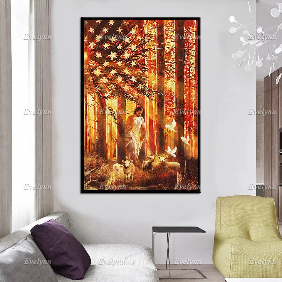 Постер Бога | ходьба с ягнятами принты вера холст подарок для христиан