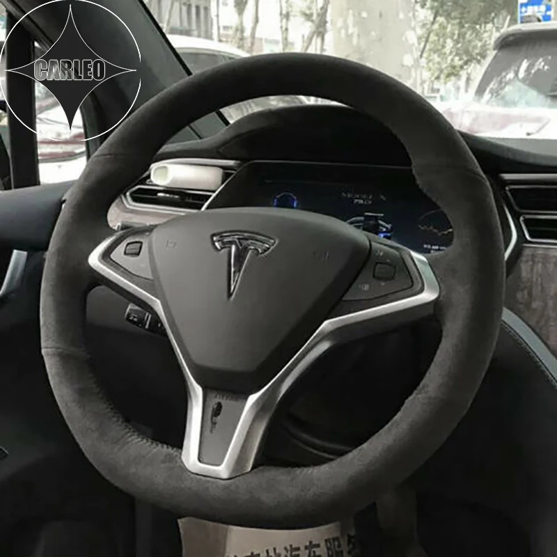 

DIY чехол рулевого колеса автомобиля для Tesla модель S X, из подлинной замши и кожи на заказ ручная вышивка держатель Топ Слои Обёрточная бумага