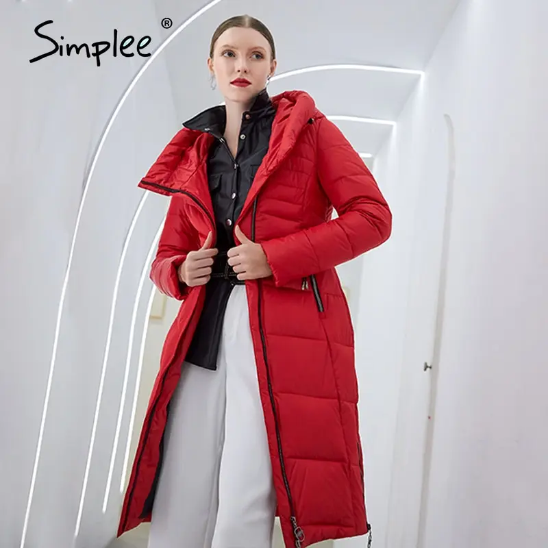 

Simplee Warm casual women coats jackets with hat Elegant new design long parkas Fashion red female winter windproof jacket 2020
