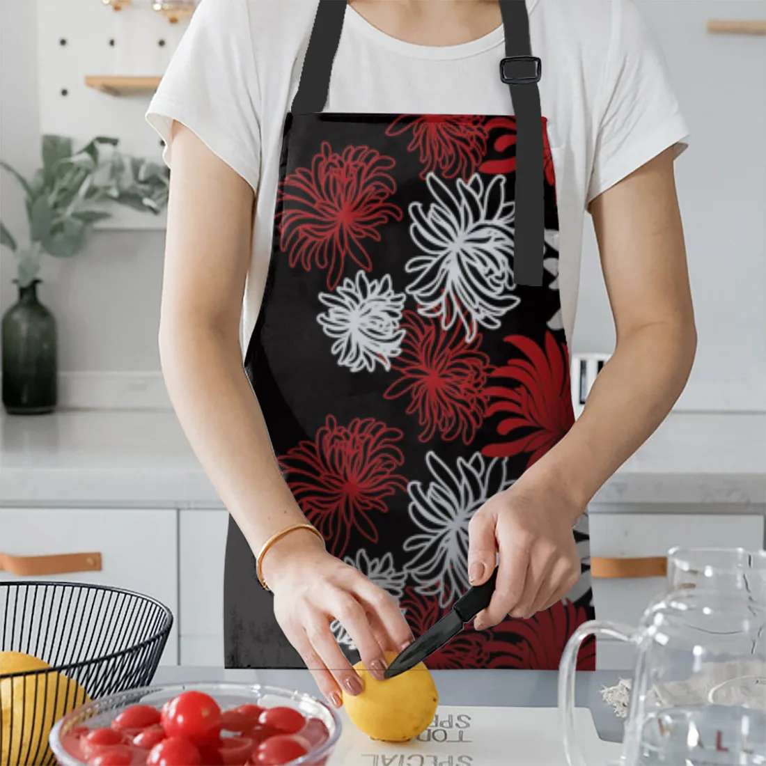 Белый красный фартук с хризантемами для женщин Короткий Фартук взрослых Детский