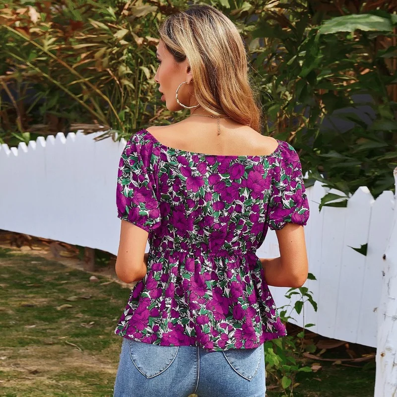 

Hot Sale Temperament Commuter Printing Short Sleeve Women Slim Blouses Tops Fashion V Collar Women Chiffon Shirts Clothing