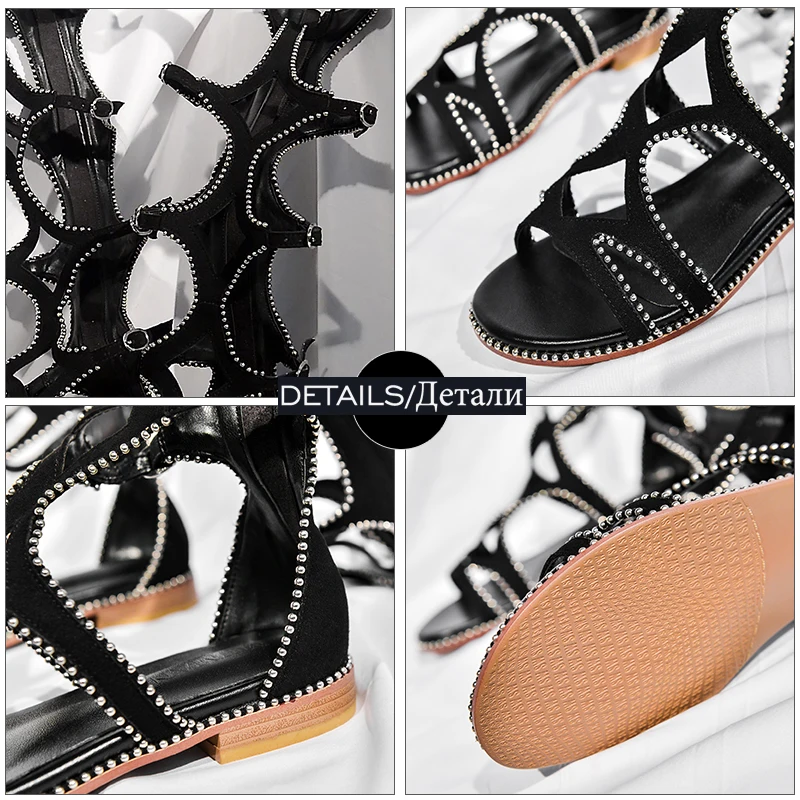 

ISNOM Gladiator Sandals Women Rivet Bohemia Flat Sandals Sexy Buckle Strip Open toe Shoes Woman Ladies Summer Shoes