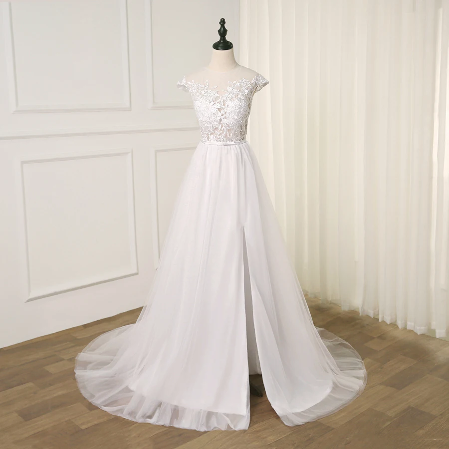 

Jiayigong O-neck Lace Tulle Wedding Dress Sexy Cap Sleeve See-through Slit A-line Bridal Wedding Dresses Robe Mariee