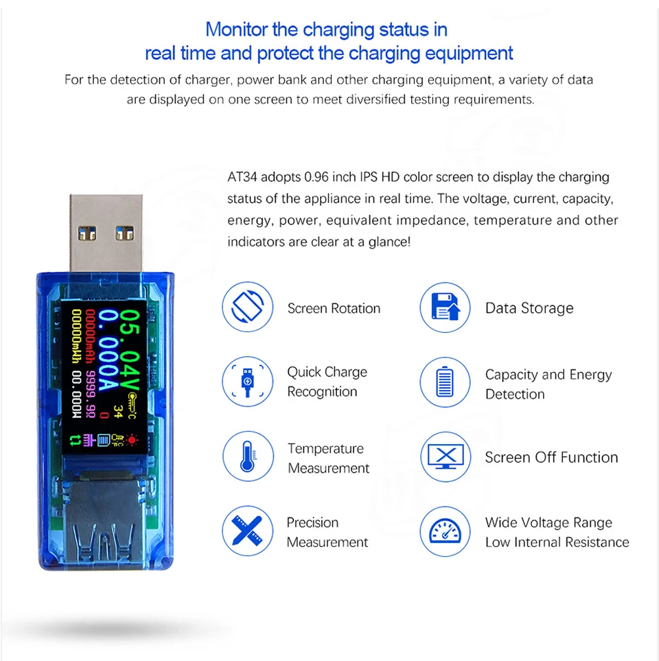 DIYFIX USB 3,0 тестер HD цветной ЖК-Вольтметр Амперметр измеритель напряжения тока мультиметр батарея Зарядка power Bank AT34 USB Тестер